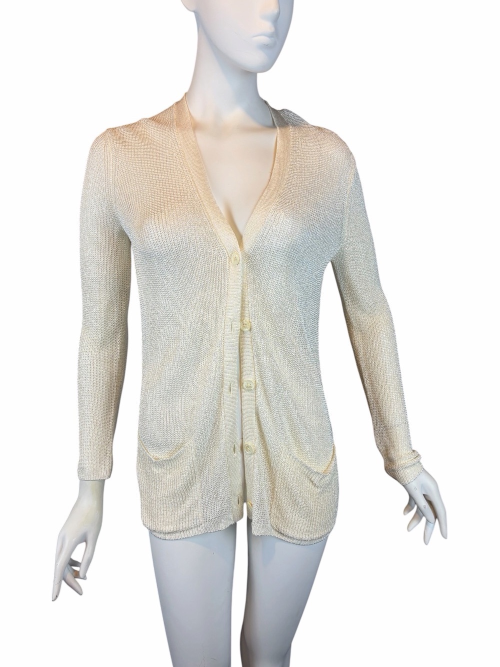 Polo Ralph Lauren Size Medium Ivory Knit Cardigan Sweater Button Pockets Viscose